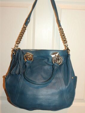 CETTU Teal Blue Leather Shoulder Bag with Chain Straps and Tassel